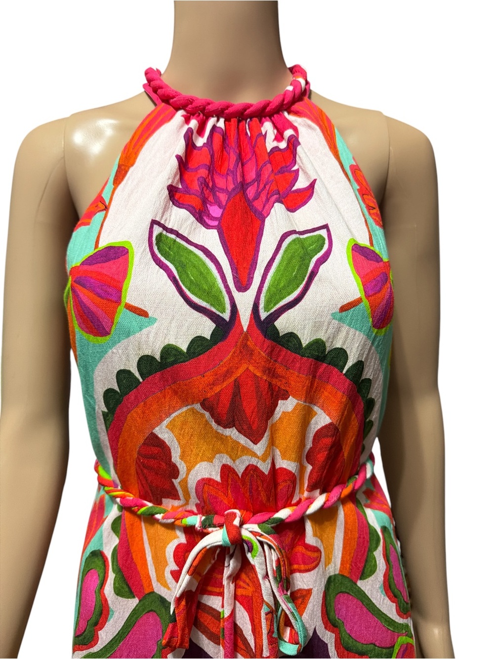 Vince Camuto Sz 0 Day Crepe Midi Dress Halter Boho Print Rope Inspired Belt - Picture 5 of 12